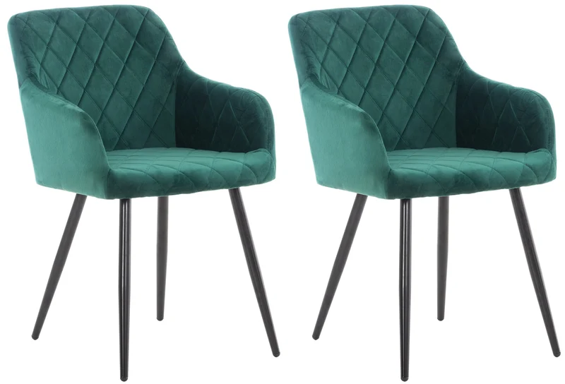 Lot de 2 chaises de salle à manger coutures en losanges style retro chic en tissu velours vert en pieds en métal noir 10_0001561