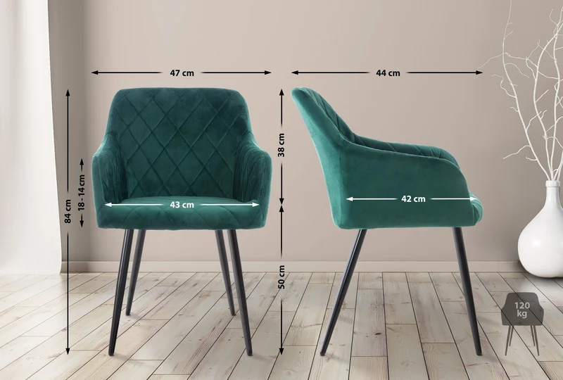 Chaise de salle à manger design retro coutures décoratives en losanges assise en tissu vert 10_0002106