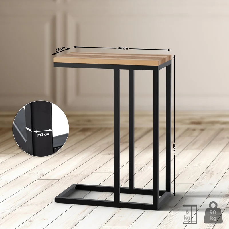 Table d'appoint en forme de C rectangulaire 46x25x63 cm bois couleur chêne et métal thermolaqué noir 10_0009135
