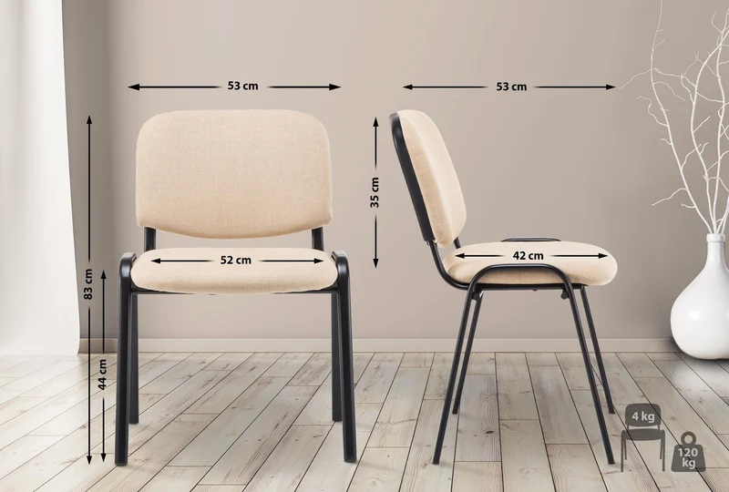 Chaise visiteur empilable zone d'attente en tissu crème piètement à 4 pieds en métal noir 10_0008653