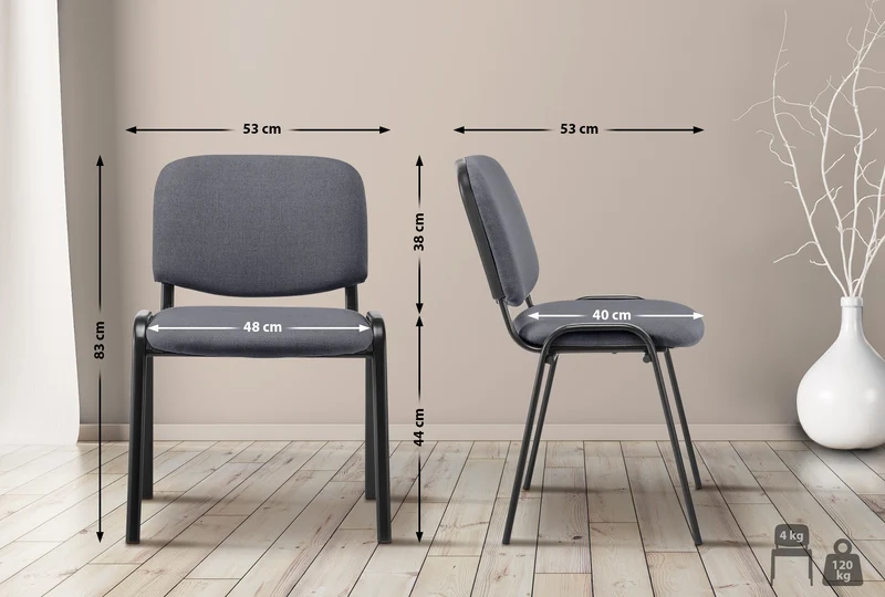 Chaise visiteur empilable zone d'attente en tissu gris piètement à 4 pieds en métal noir 10_0008591