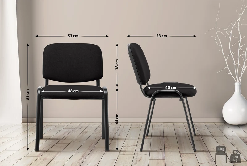 Chaise visiteur empilable zone d'attente en tissu noir piètement à 4 pieds en métal noir 10_0008300