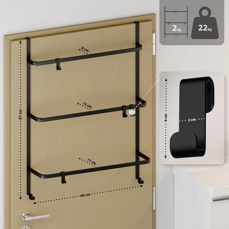 Porte-serviettes à suspendre sur porte salle de bain 3 barres crochets en métal noir 10_0008357