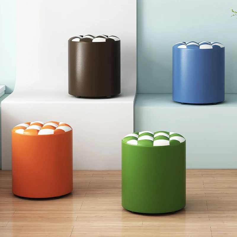 Modern Minimalist Plywood Faux Leather Checkerboard Cylinder Low Stool For Bedroom & Living Room
