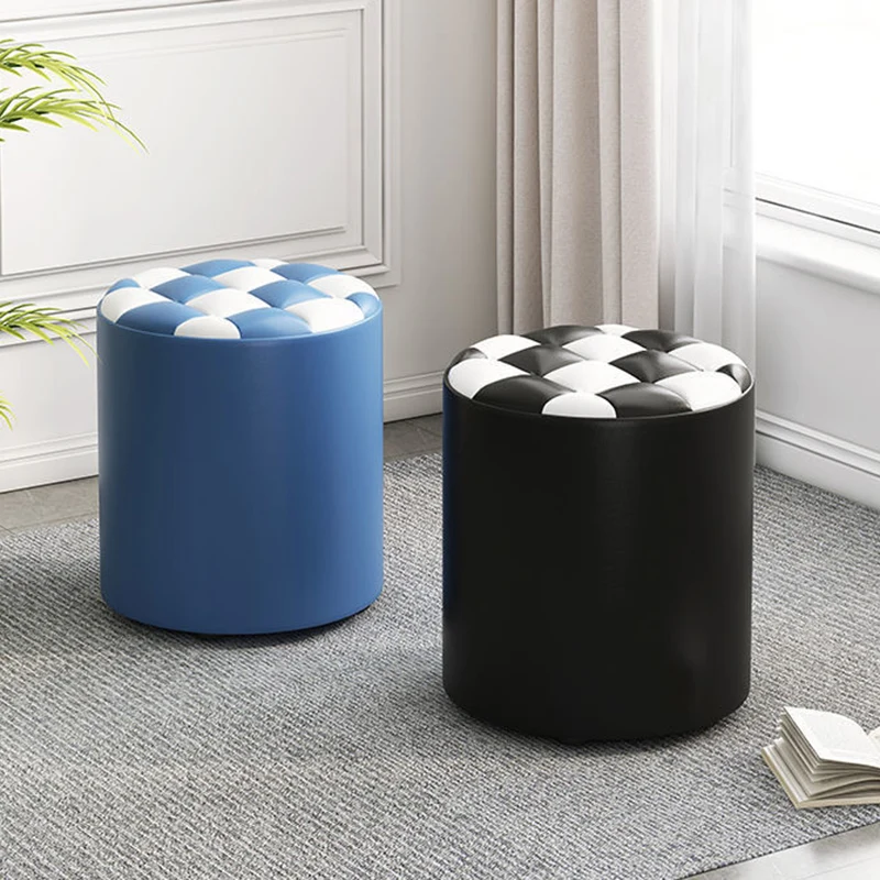 Modern Minimalist Plywood Faux Leather Checkerboard Cylinder Low Stool For Bedroom & Living Room