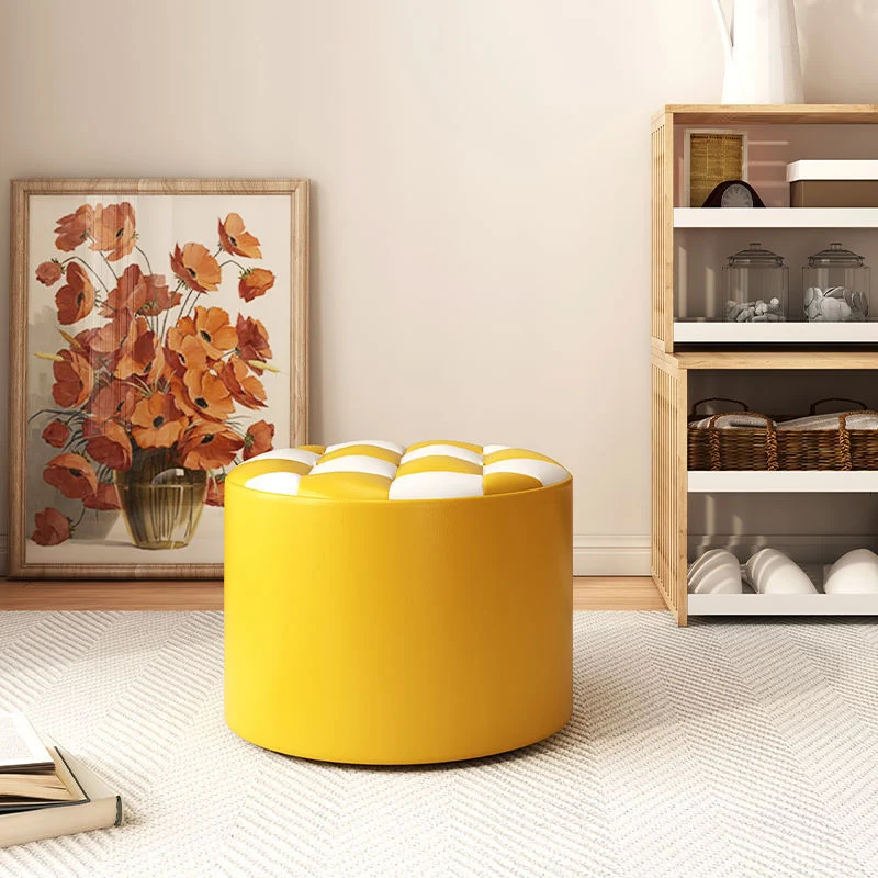Modern Minimalist Plywood Faux Leather Checkerboard Cylinder Low Stool For Bedroom & Living Room