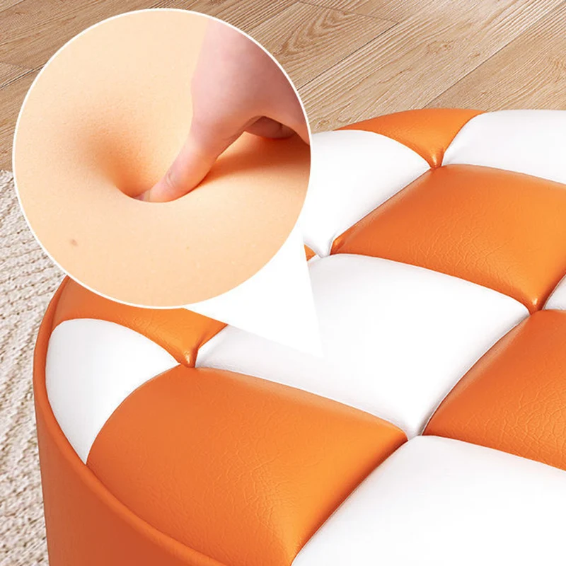 Modern Minimalist Plywood Faux Leather Checkerboard Cylinder Low Stool For Bedroom & Living Room