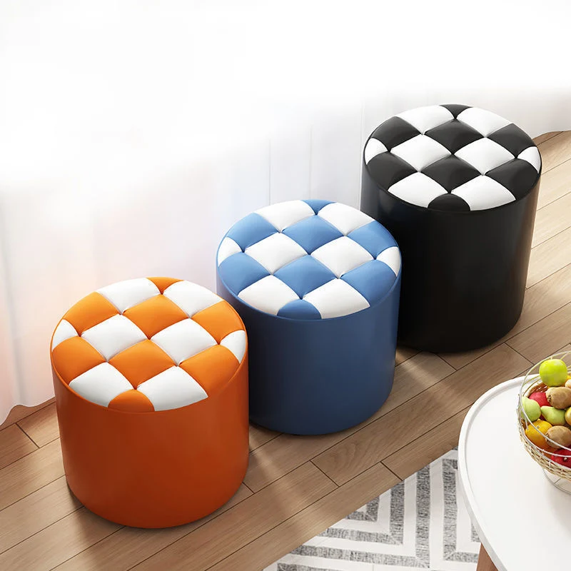 Modern Minimalist Plywood Faux Leather Checkerboard Cylinder Low Stool For Bedroom & Living Room