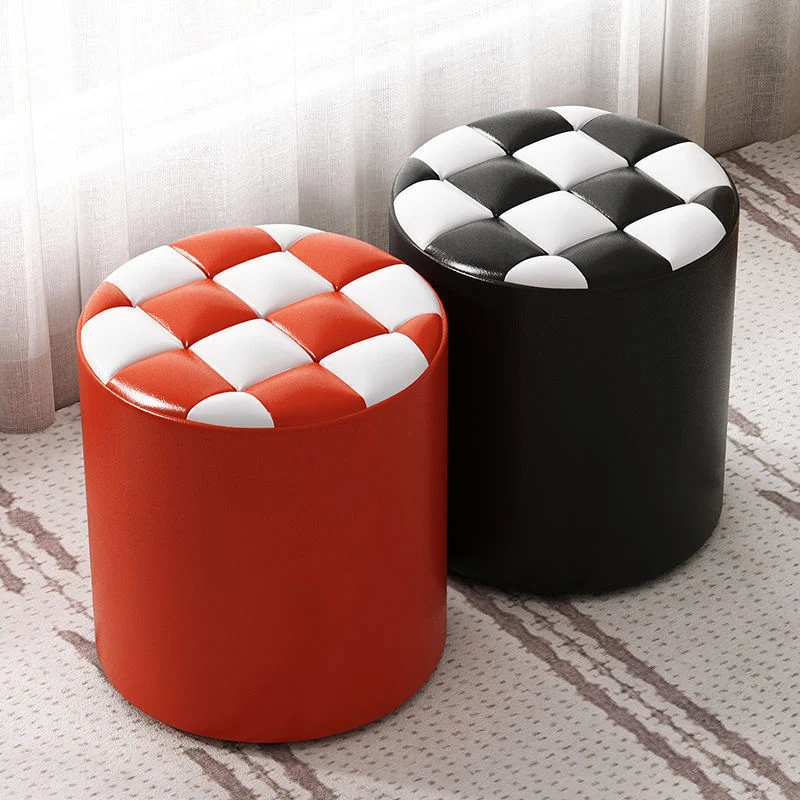 Modern Minimalist Plywood Faux Leather Checkerboard Cylinder Low Stool For Bedroom & Living Room
