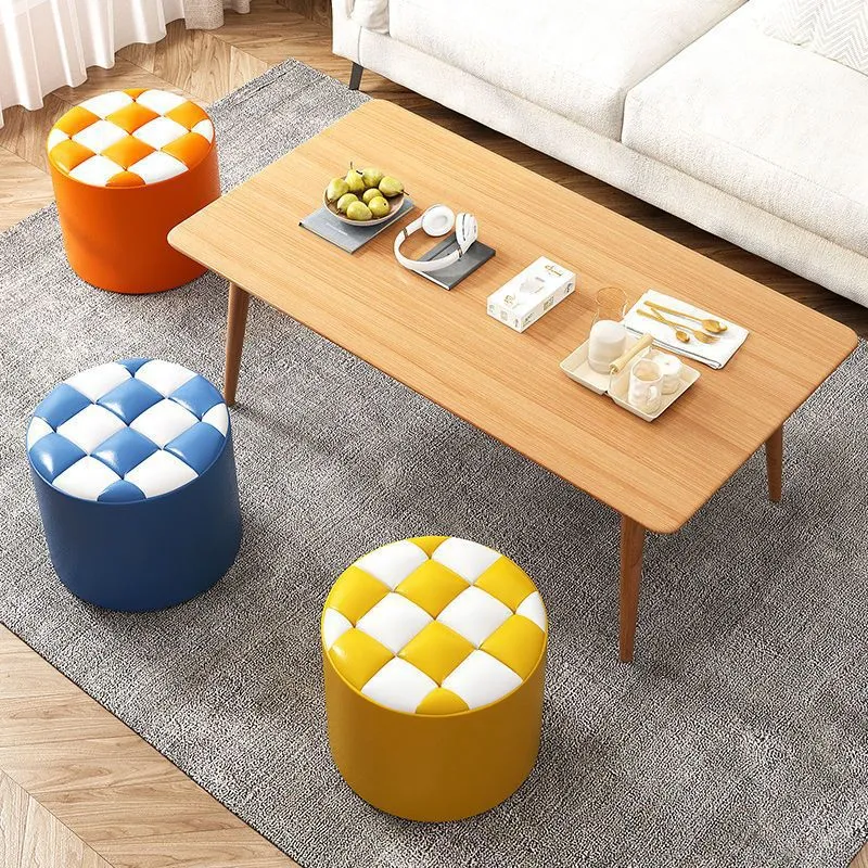 Modern Minimalist Plywood Faux Leather Checkerboard Cylinder Low Stool For Bedroom & Living Room
