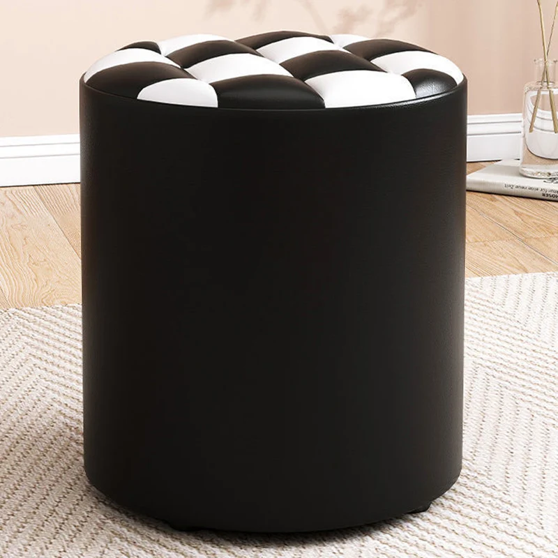 Modern Minimalist Plywood Faux Leather Checkerboard Cylinder Low Stool For Bedroom & Living Room