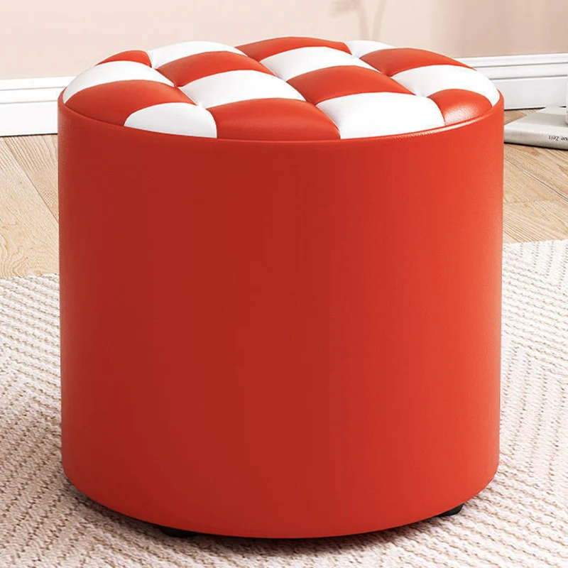 Modern Minimalist Plywood Faux Leather Checkerboard Cylinder Low Stool For Bedroom & Living Room