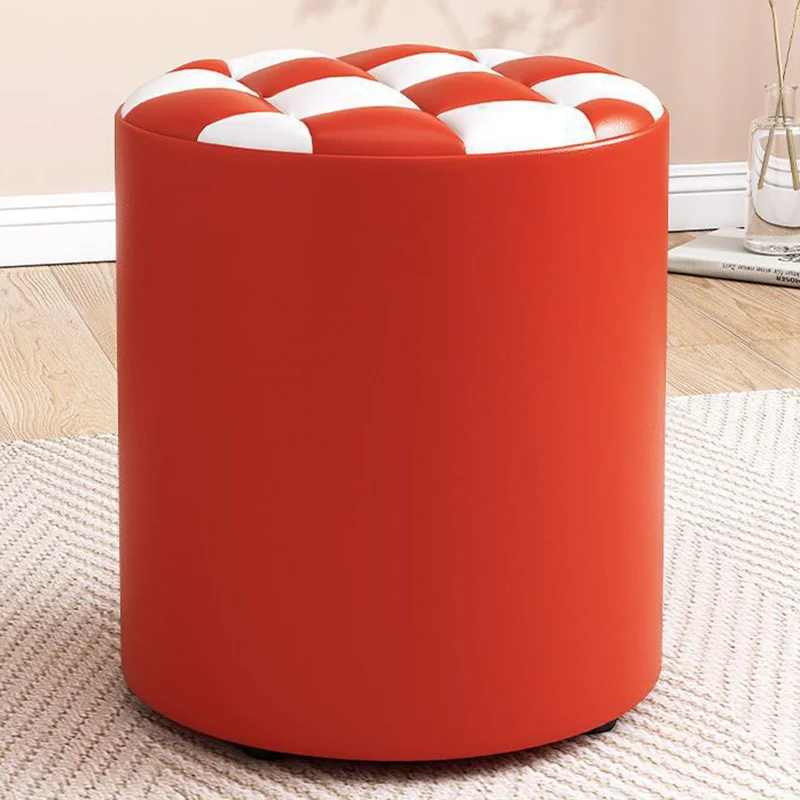 Modern Minimalist Plywood Faux Leather Checkerboard Cylinder Low Stool For Bedroom & Living Room