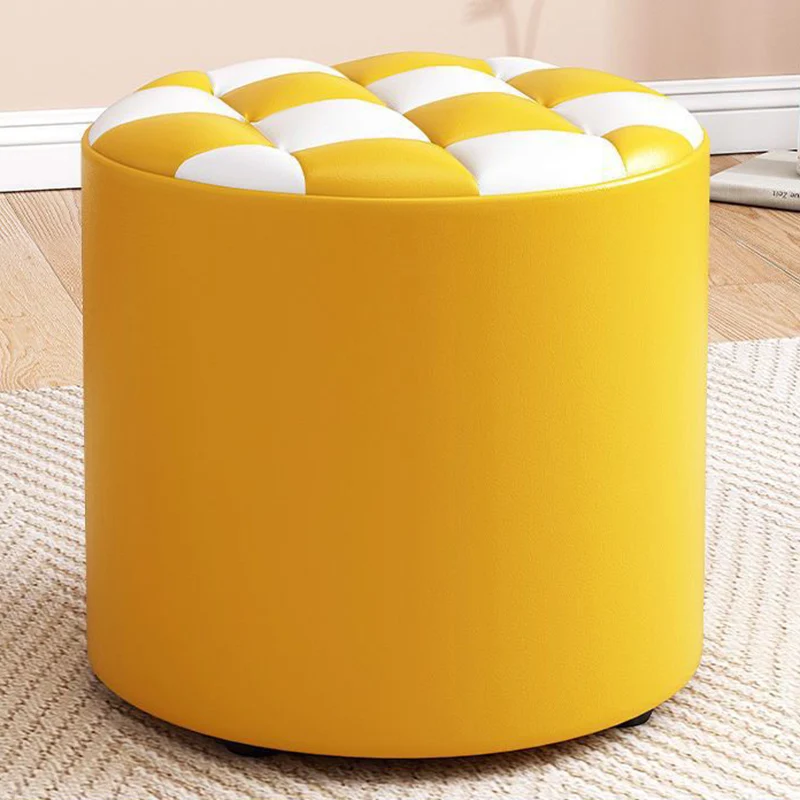 Modern Minimalist Plywood Faux Leather Checkerboard Cylinder Low Stool For Bedroom & Living Room