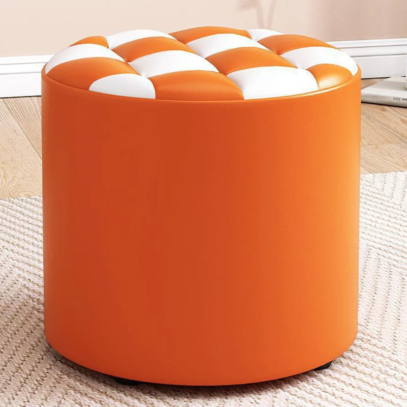 Modern Minimalist Plywood Faux Leather Checkerboard Cylinder Low Stool For Bedroom & Living Room