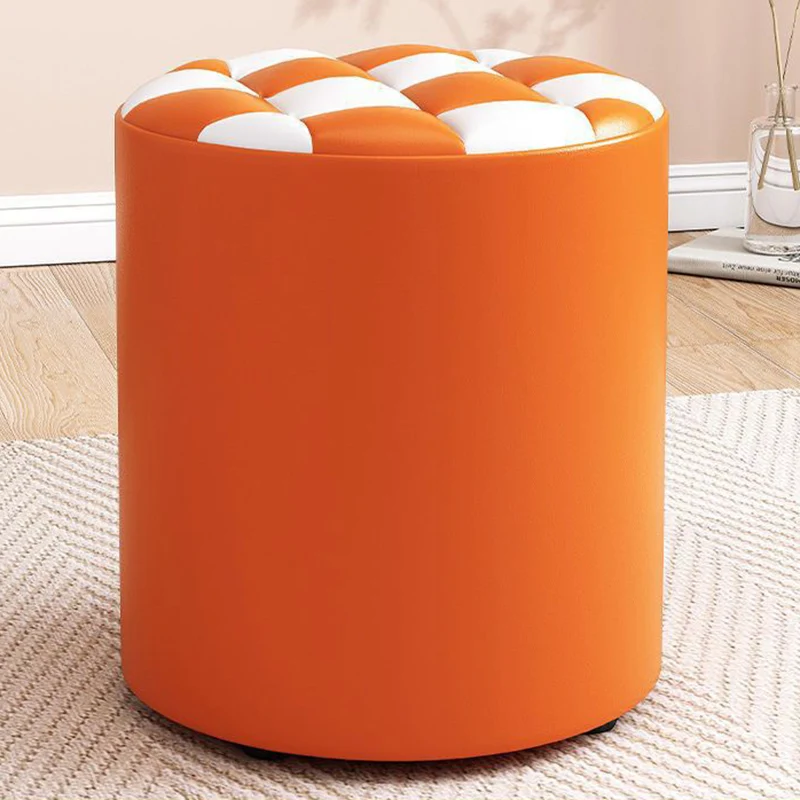 Modern Minimalist Plywood Faux Leather Checkerboard Cylinder Low Stool For Bedroom & Living Room