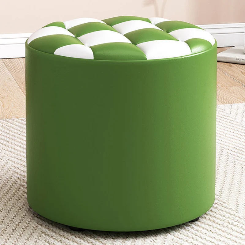 Modern Minimalist Plywood Faux Leather Checkerboard Cylinder Low Stool For Bedroom & Living Room