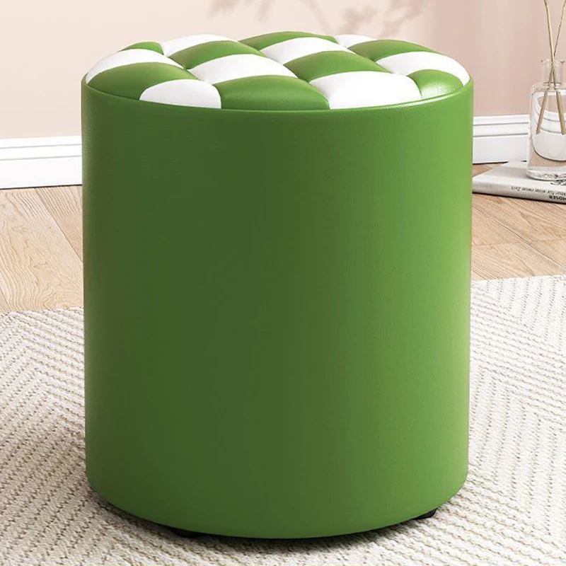 Modern Minimalist Plywood Faux Leather Checkerboard Cylinder Low Stool For Bedroom & Living Room