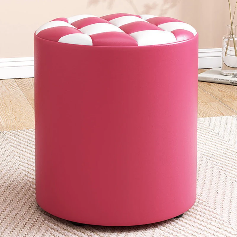 Modern Minimalist Plywood Faux Leather Checkerboard Cylinder Low Stool For Bedroom & Living Room