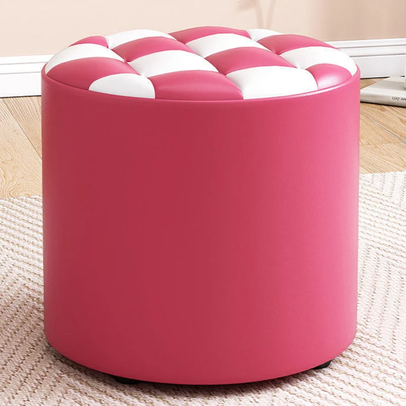 Modern Minimalist Plywood Faux Leather Checkerboard Cylinder Low Stool For Bedroom & Living Room
