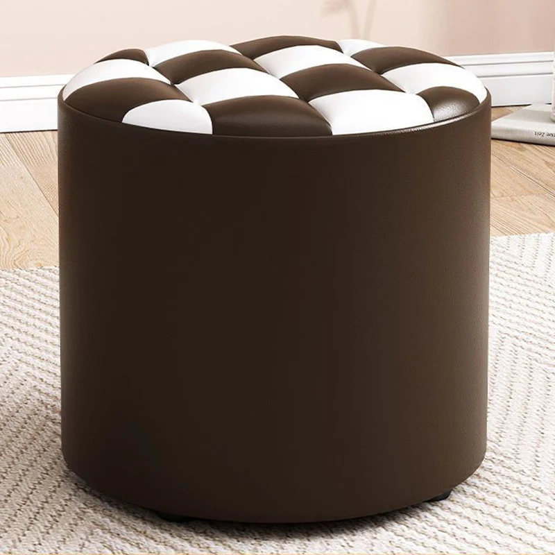Modern Minimalist Plywood Faux Leather Checkerboard Cylinder Low Stool For Bedroom & Living Room