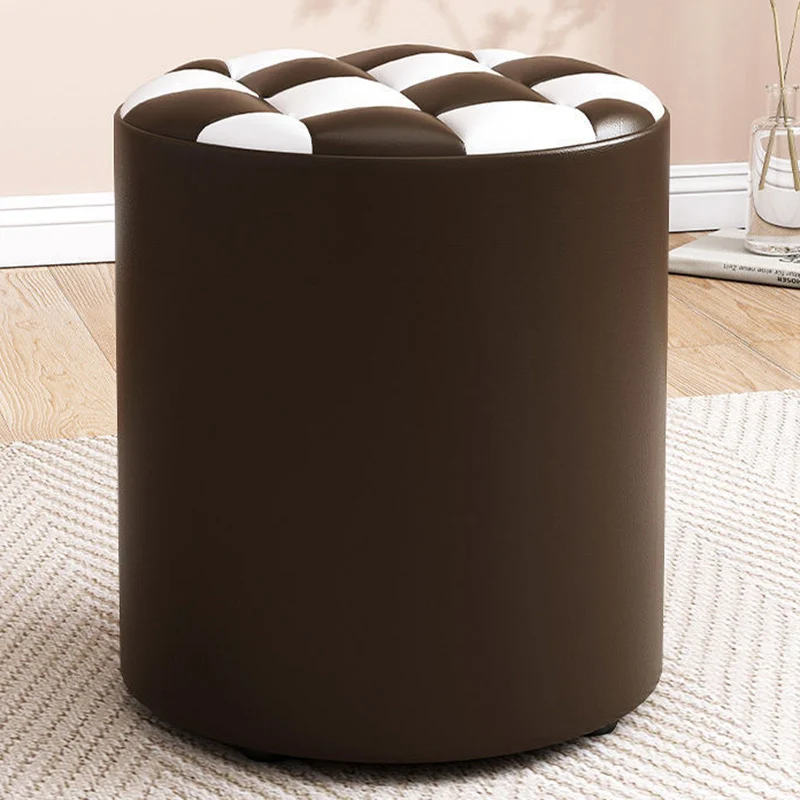 Modern Minimalist Plywood Faux Leather Checkerboard Cylinder Low Stool For Bedroom & Living Room
