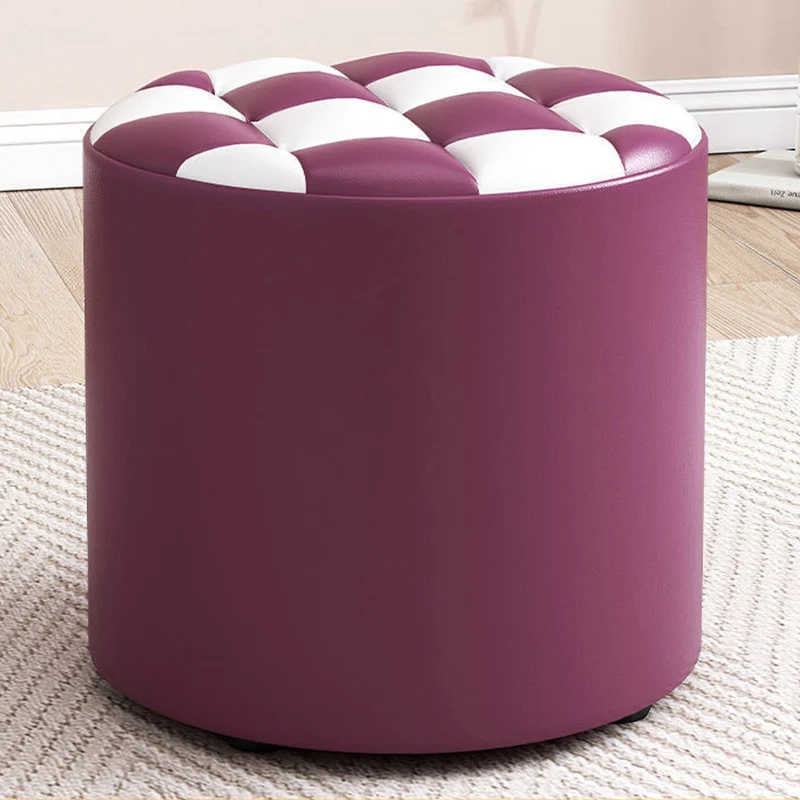 Modern Minimalist Plywood Faux Leather Checkerboard Cylinder Low Stool For Bedroom & Living Room