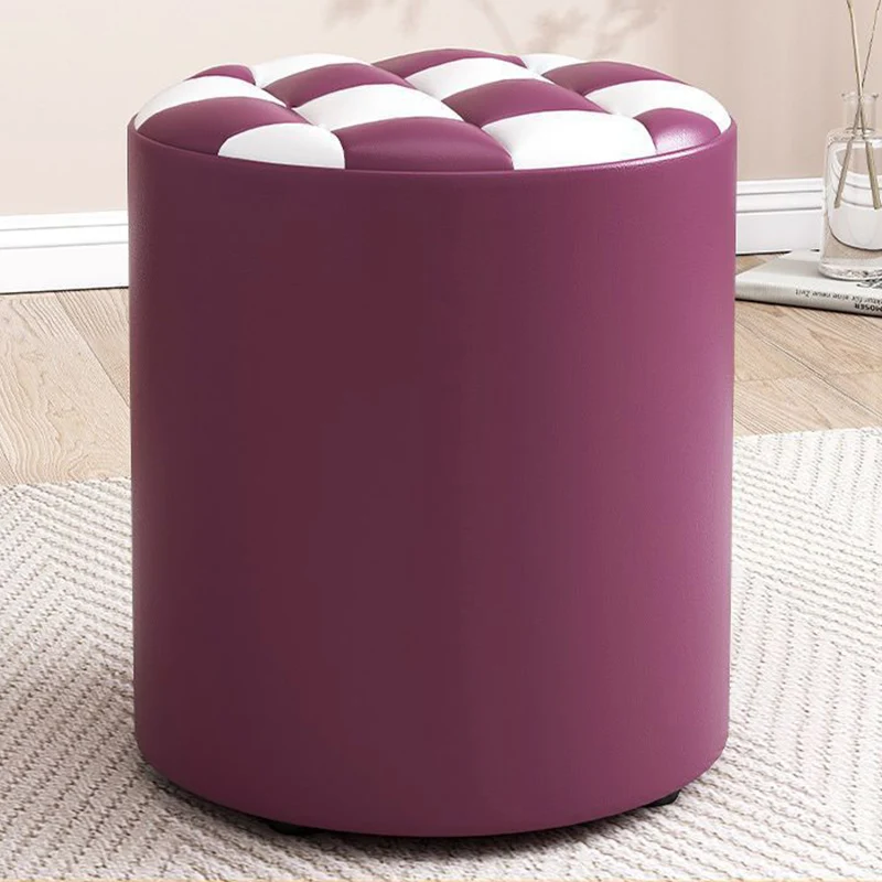 Modern Minimalist Plywood Faux Leather Checkerboard Cylinder Low Stool For Bedroom & Living Room