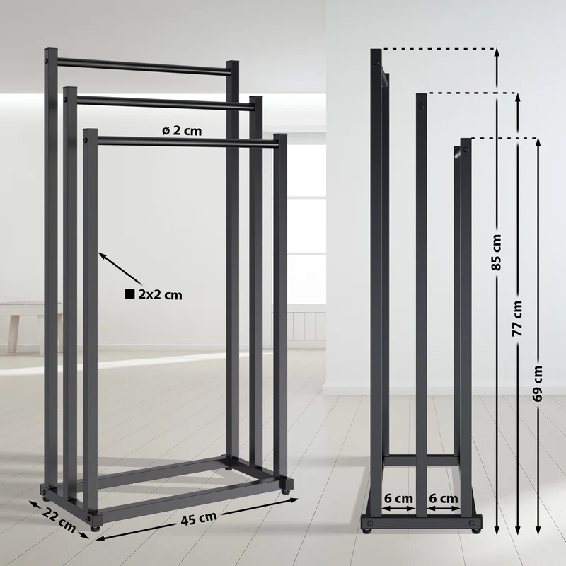 Porte-serviettes sur pied en acier 3 barres hauteur 85 cm structure stable et élégante 10_0008354