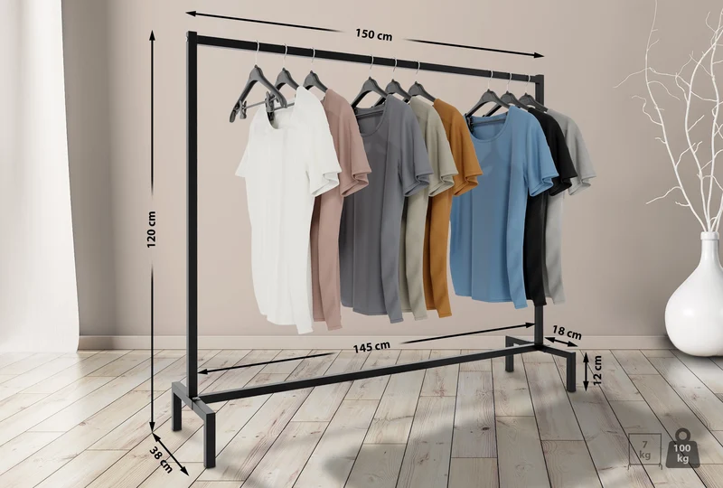 Portant à vêtements pour chambre ou dressing – acier robuste noir 150x38x120 cm 10_0008987
