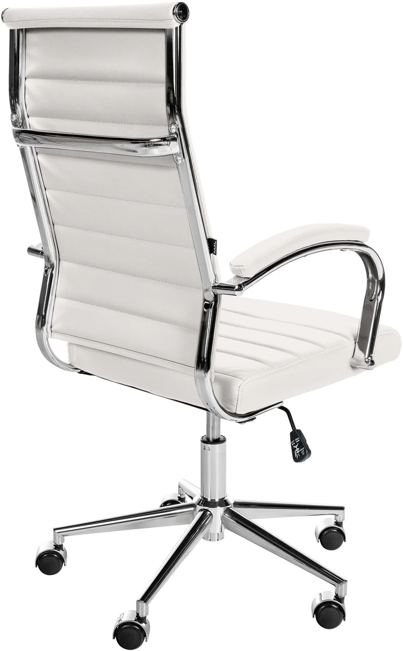 Fauteuil de bureau en cuir véritable blanc surpiqûre horizontale et pieds métal chromé 10_0002554