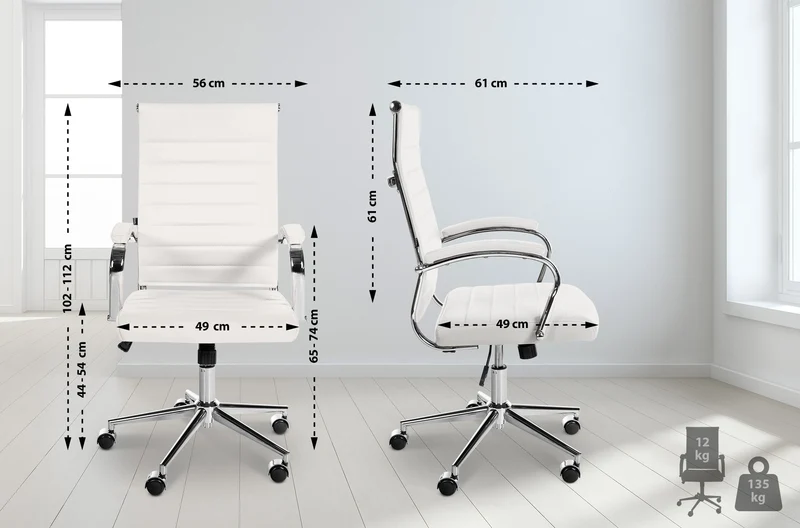 Fauteuil de bureau en cuir véritable blanc surpiqûre horizontale et pieds métal chromé 10_0002554