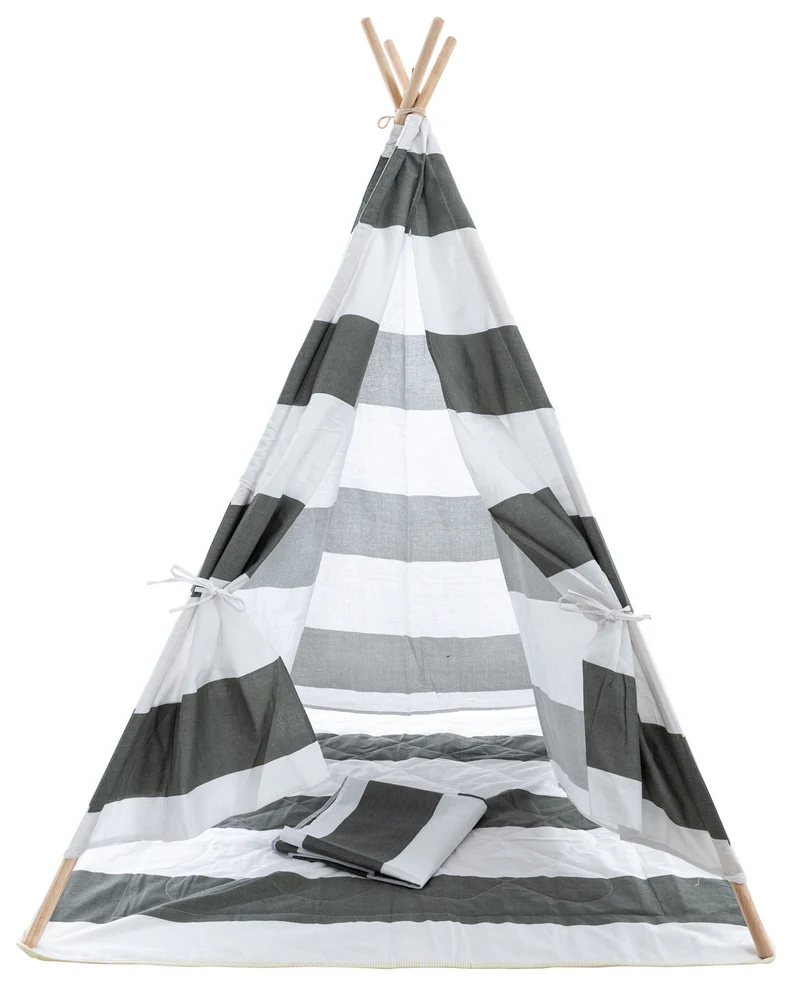 Tente tipi pour enfants avec poteaux en bois idéal chambre salle de jeux décoration gris rayé 10_0009006