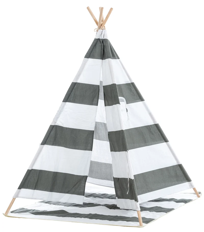 Tente tipi pour enfants avec poteaux en bois idéal chambre salle de jeux décoration gris rayé 10_0009006