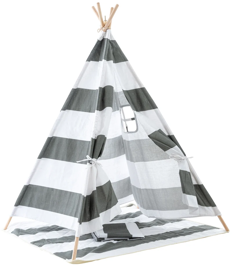 Tente tipi pour enfants avec poteaux en bois idéal chambre salle de jeux décoration gris rayé 10_0009006