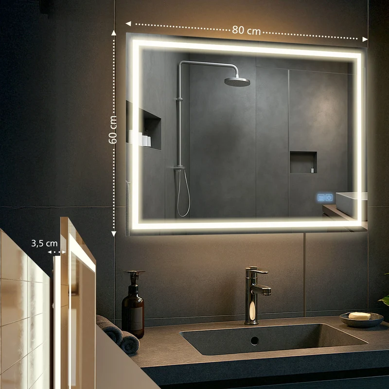 Miroir de salle de bain rectangulaire intensité lumineuse réglable 60x80 avec Bluetooth cadre en métal clair 10_0009108