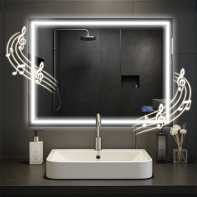 Miroir de salle de bain rectangulaire intensité lumineuse réglable 60x80 avec Bluetooth cadre en métal clair 10_0009108