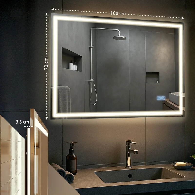 Miroir de salle de bain rectangulaire intensité lumineuse réglable 70x100 avec Bluetooth cadre métal clair 10_0009088