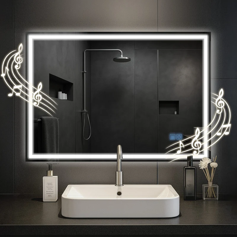Miroir de salle de bain rectangulaire intensité lumineuse réglable 70x100 avec Bluetooth cadre métal clair 10_0009088