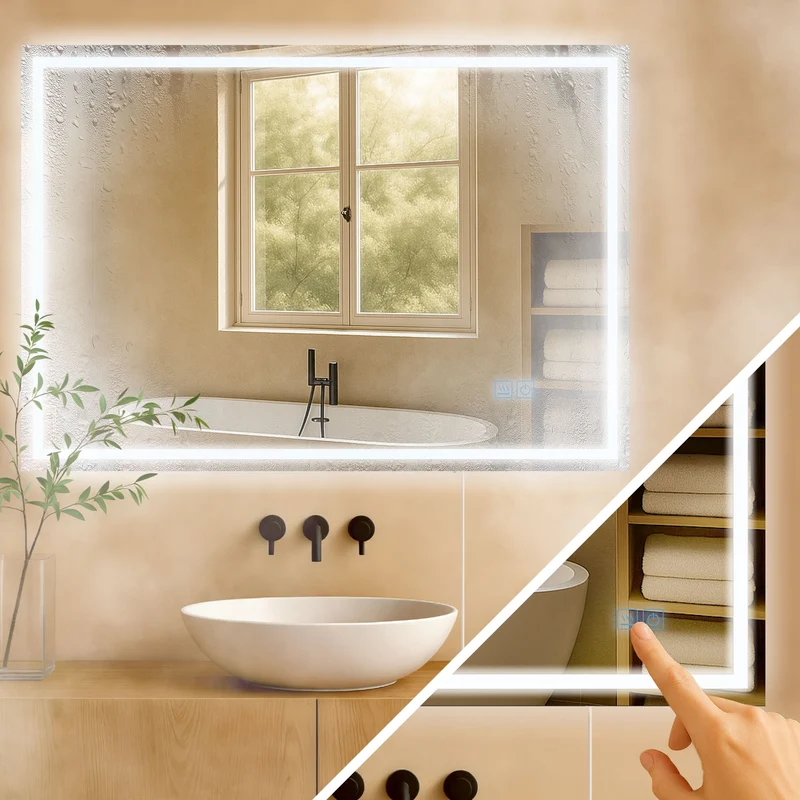 Miroir de salle de bain rectangulaire intensité lumineuse réglable 70x100 cadre métal clair 10_0009085