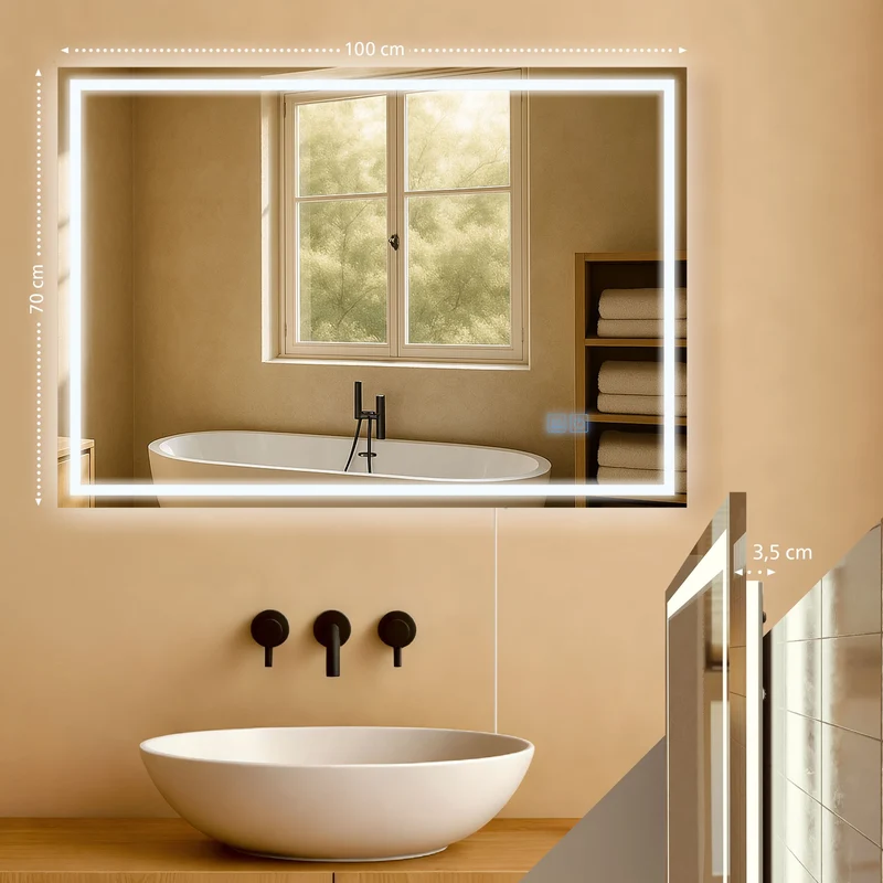 Miroir de salle de bain rectangulaire intensité lumineuse réglable 70x100 cadre métal clair 10_0009085