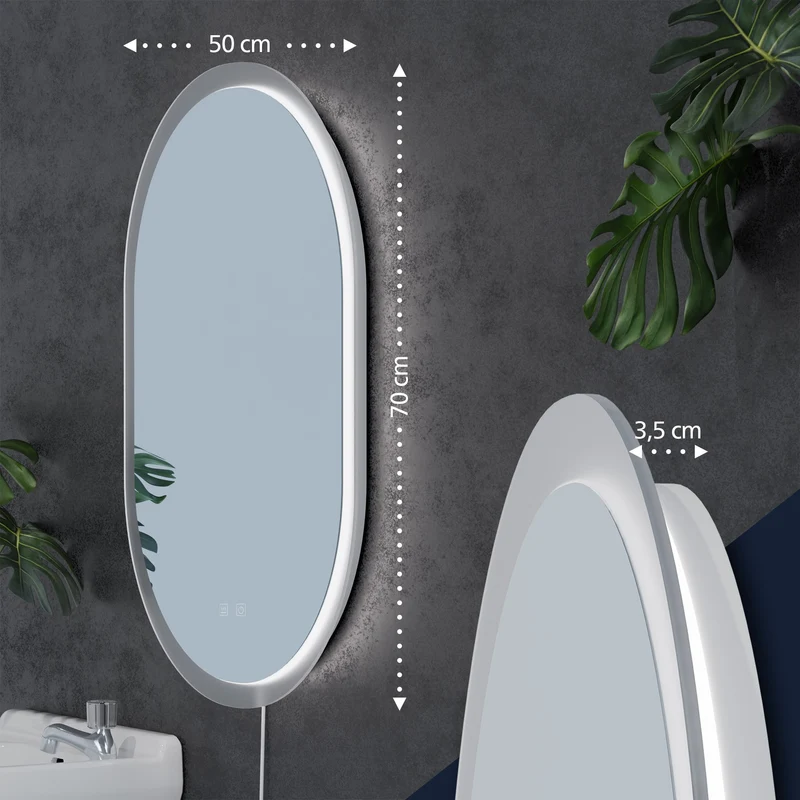 Miroir de salle de bain ovale intensité lumineuse réglable 70x50 cm avec Bluetooth cadre métal clair 10_0009081