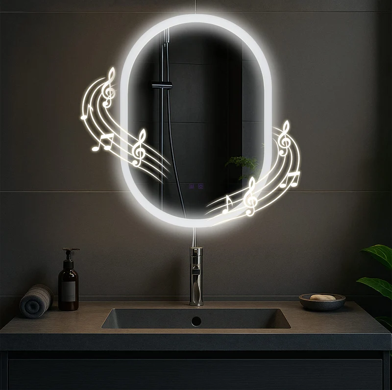 Miroir de salle de bain ovale intensité lumineuse réglable 70x50 cm avec Bluetooth cadre métal clair 10_0009081