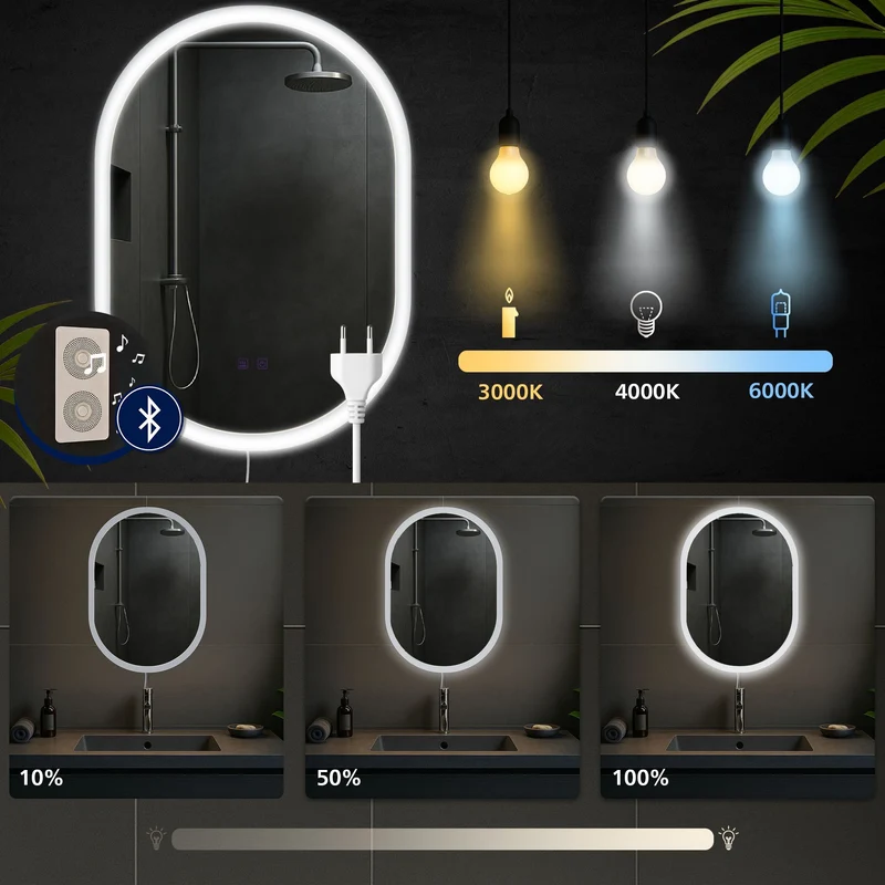 Miroir de salle de bain ovale intensité lumineuse réglable 70x50 cm avec Bluetooth cadre métal clair 10_0009081