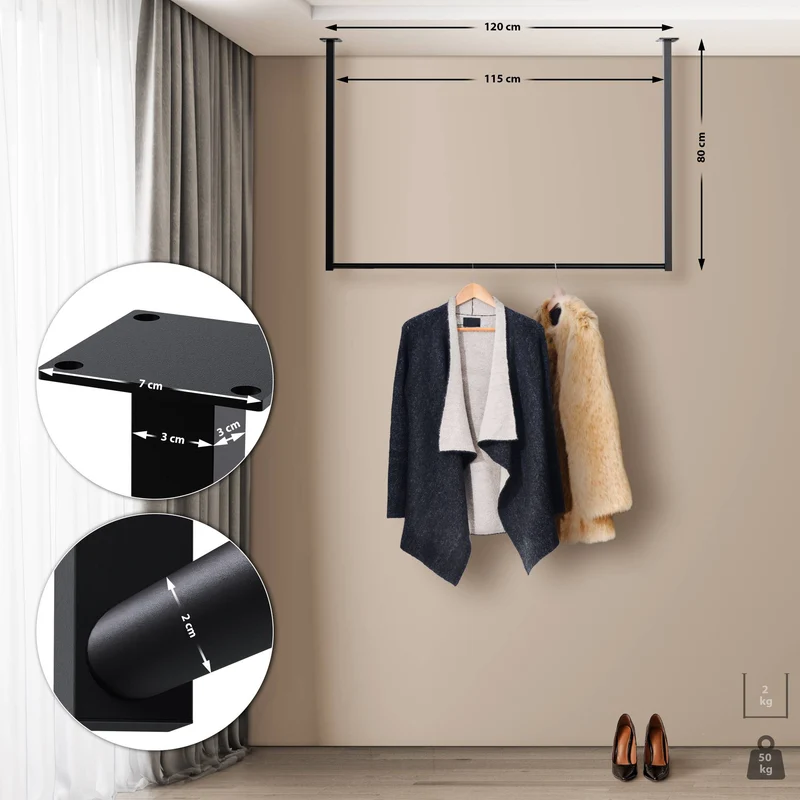 Tringle à vêtements suspendue porte-manteau 120x80 cm acier thermolaqué noir 10_0009043