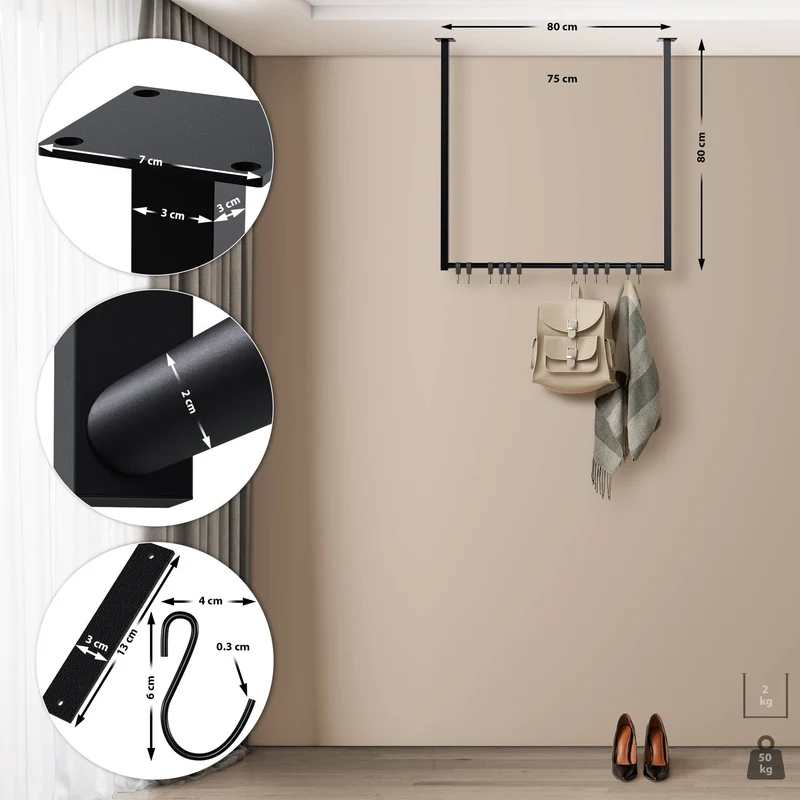 Tringle à vêtements suspendue porte-manteau avec 12 patères 80x80 cm acier thermolaqué noir 10_0009019