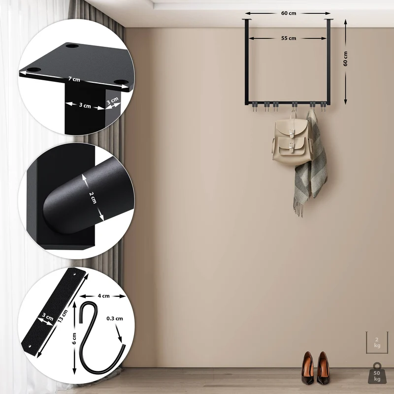 Tringle à vêtements suspendue porte-manteau avec 12 patères 60x60 cm acier thermolaqué noir 10_0009015