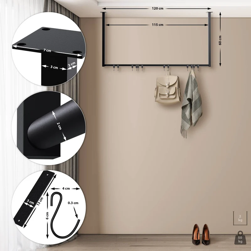 Tringle à vêtements suspendue porte-manteau avec 12 patères 120x60 cm acier thermolaqué noir 10_0009013