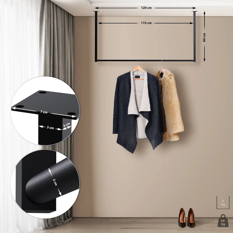 Tringle à vêtements suspendue porte-manteau 120x60 cm acier thermolaqué noir 10_0009012
