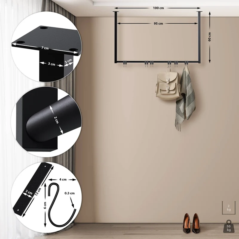 Tringle à vêtements suspendue porte-manteau avec 12 patères 100x60 cm acier thermolaqué noir 10_0009007